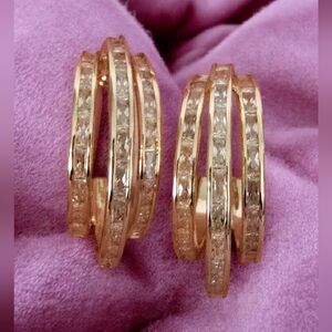 Simulated Diamond Three-Row Brilliance Hoop Earrings in Goldtone